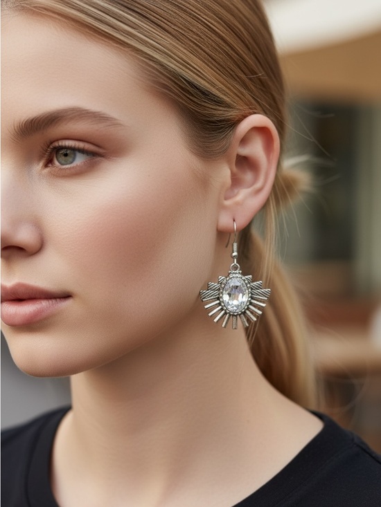 Jewelry - 5/15 Silver Sunburst Drop Earrings with Clear Crystal